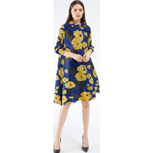 Miyake pleated dresses summer 2020 yellow flower print dress lapel cardigan button plus size maxi dresses for women Long sleeve