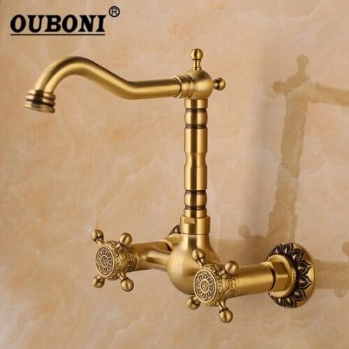 OUBONI 360 Rotated Wall Mounted Bathroom Basin Faucet Solid Brass 2 Handle Sink Water Mixer Tap Cold And Hot Basin Sink Faucets
