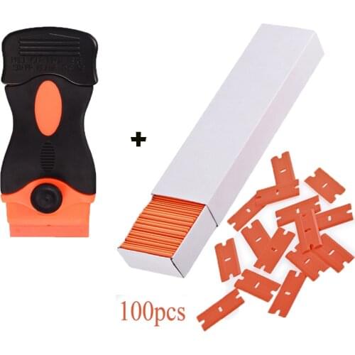 FOSHIO Plastic Razor Scraper Glue Sticker Remover Cleaning Tool+100pcs Spare Blade Carbon Fiber Film Car Window Tint Squeegee