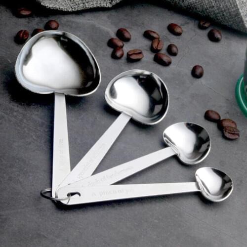 Practical 4 in1 Measuring Spoons Heart Shaped Stainless Steel Coffee Tea Coffee Tool