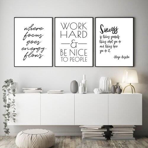 Work Hard and Be Nice To People Inspirational Quotes Print Black White Wall Art Canvas Painting Success Poster Office Wall Decor