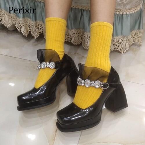 Perixir Design Women Pumps Mary Janes Style Square Heel And Toe Microfiber Retro Rhinestone Footwear Crystal Autumn Lady Shoes