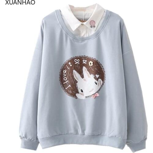 XUANHAO Cute Anime Hoodies Teens Girl Kawaii Rabbit Womens Sweatshirt Soft Cotton Long Sleeve Blue Hoodie Green Pink Pullovers