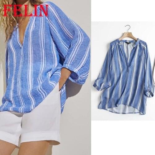 Za 2021 Chic Blue Striped Print Office Lady Shirts Long Sleeve V Neck Oversized Long Blouses Fashion Autumn Casual Mujer Tops