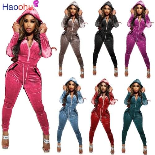 HAOOHU Women Fall Winter Velvet Sweatsuit Set Hooded Track Jacket Jogger Pants Set Active Tracksuit Two Piece Sportwear Outfits