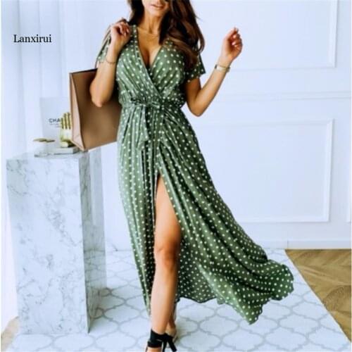 Women Dresses Summer Fashion Polka Dot Split Boho Dress V-Neck Women Casual Beach Vacation Long Dresses Vestido De Mujer