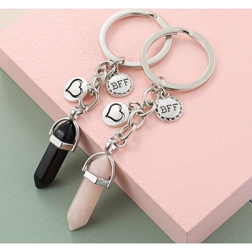 1set(2pcs) New Best Friends Keychain Natural Crystal Quartz Stone Key Ring Heart BFF Key Chain Friendship Gift Jewelry Handmade