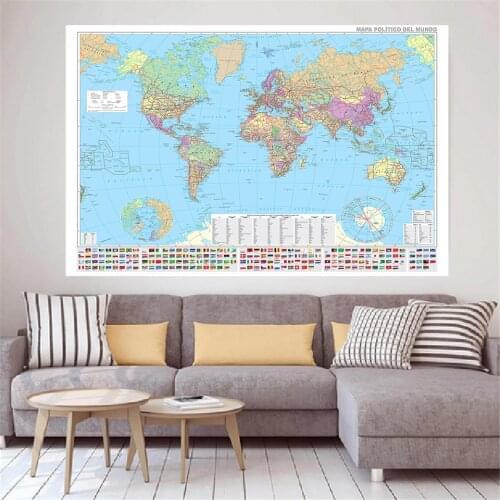 225*150cm In Spanish The World Political Map with National Flags Non-woven Canvas Painting Poster Home Decor School Supplies