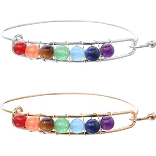6MM Woman Fashion Natural Lucky Beads Adjustable Metal Bracelet Colorful Stone Charm Rainbow 7 Chakra Bangle Jewelry Gift