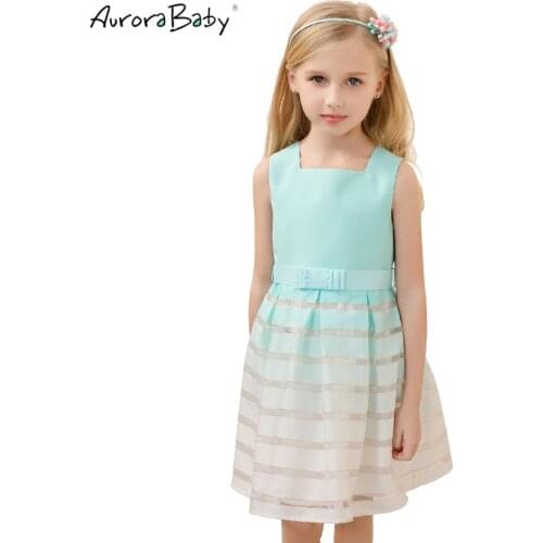 Aurorababy Dress for Toddler Girl Holiday Beach Gradient Light Blue Girls Summer Dresses Bowknot Princess Dress for Party