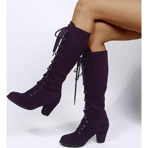 Winter Autumn Woman Knee High Boots Woman Long Boots Lace Up Fashion Woman Boots Footwear 35-43 Purple Square Heel Women Shoes