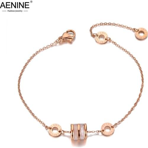 AENINE Trendy Bohemia Shell Charm Bracelets For Women Girls Stainless Steel Roman Numerals Link & Chain Bracelet Jewelry AB20002