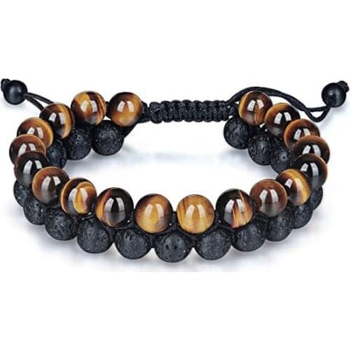 Natural yellow tiger eye stone beads lava healing minerals double row bangle handmade macrame bracelet for woman man jewelry