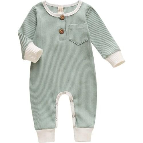 Spring Autumn Babys Long Sleeve Solid Color One-piece Garment Round Neck Button Crotch Jumpsuit with Patchwork Pockets in Front