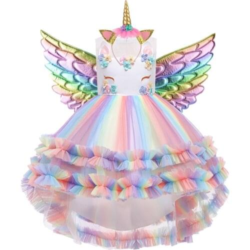 Kids Unicorn Dress Sleeveless Applique Trailing Dresses For Flower Girl Wedding Birthday Party Clothes 3-12 Yrs Children Costume