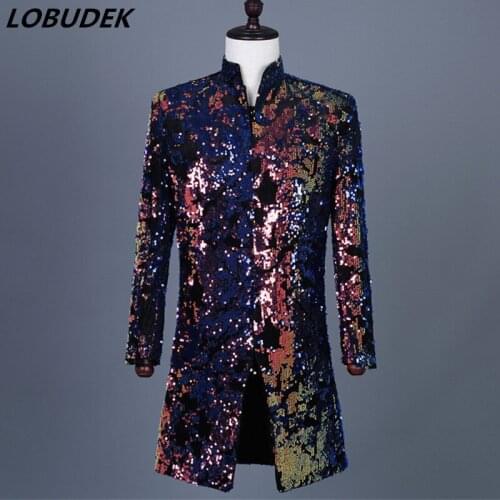 Nightclub Tide Male Singer Dazzles Colorful Sequins Long Blazers DJ Singer Bar Nightclub Host Stage Costume Fashion Suit Jackets