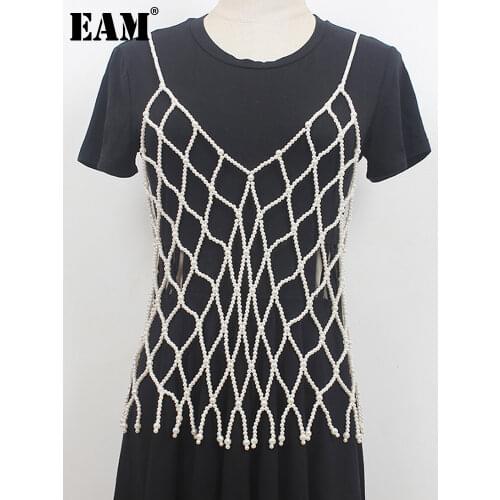 [EAM] Women Loose Fit White Pearl Hollow Out Casual Vest New V-collar Sleeveless Fashion Tide Spring Summer 2021 1DE0777