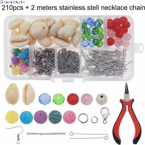 GraceAngie 210pcs/box Cowrie Sea Shells Jewelry Making Kits Natural spiral shell beads for Earring Necklace Making With Tool