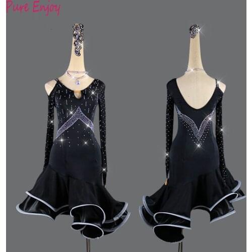 Customized Latin dance suit professional mesh long-sleeved competition performance dress women V-neck black fishbone skirt