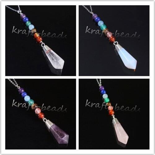 KFT Natural Healing Crystal Quartz Pendulums Hexagon Prism Stone Pendant Pendulum Healing Chakra Necklace Link Chain Jewelry