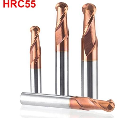 HRC55 Tungsten Carbide Steel 2 Flutes Ball Nose End Mill Milling Cutter CNC Tool For Carbon Alloy Stainless Steel Iron Cop
