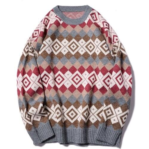 2020 New Arrival Autumn And Winter Loose Color Diamond Jacquard Thick Pullovers Argyle O-neck Casual Sweater Men Brand Clothing