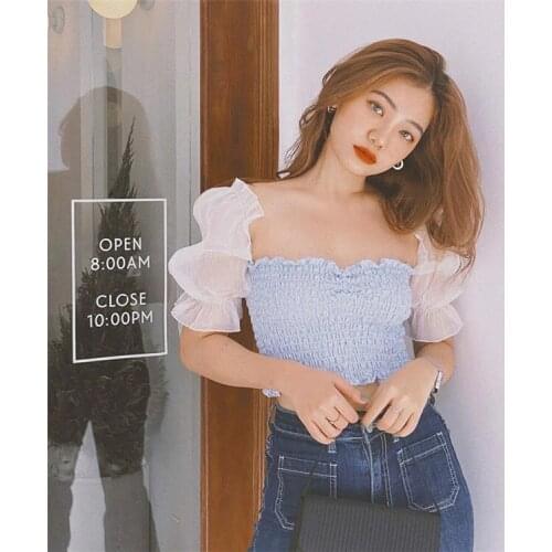 2021 summer new womens sweet word shoulder wood ear fold mesh bubble sleeve waist slimming jacket tide