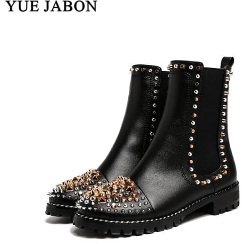 Rivets Genuine Leather Booties Slip On Thick Heel Black Ankle Women Boots Studded Decorated Woman Boots Motorcycle Ladies Shoes