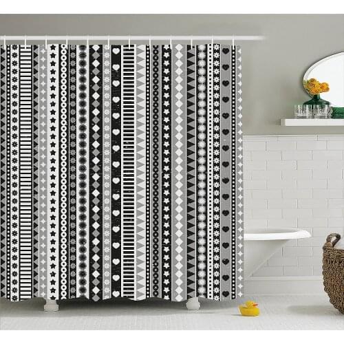 Retro Shower Curtain Ribbon Like Stripes with Stars Flowers and Hearts Geometric Pattern Print Bathroom Waterproof Curtains
