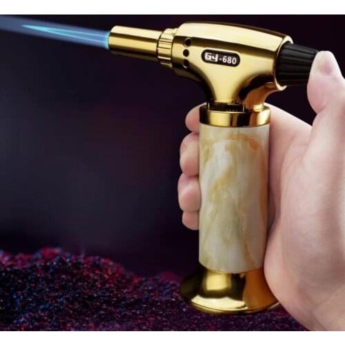 Outdoor Barbecue Straight Into Torch Lighter Turbine Blue Flame Windproof Metal Gas Lighters Smoking Accessories Gift For Man