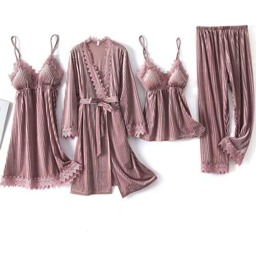 Autumn Winter Velvet Pajamas for Women Pyjamas Warm Sleepwear V-Neck Pijama Mujer 4 Pieces Pijama Chest Pads Sleep Lounge Sets