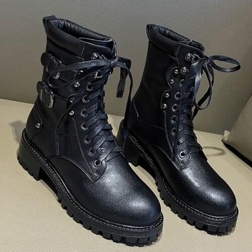 2019 Designer 100% Leather Martin Boots Women Lace Up Ankle Boots Square Low Heel Shoes Female Black Booties Autumn New