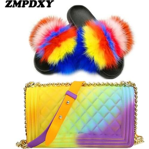 Women Rainbow Fluffy Real Fox Fur Slides With Matching Purse Home Flat Cute Fuzzy Slippers Ladies Jelly Bags Beach Furry Sandals