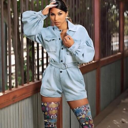 Long Sleeve Denim Jumpsuit Denim Female Jeans Playsuit Bodysuit Women Baggy Belt Romper Shorts Turtleneck Single Breasted Ladies