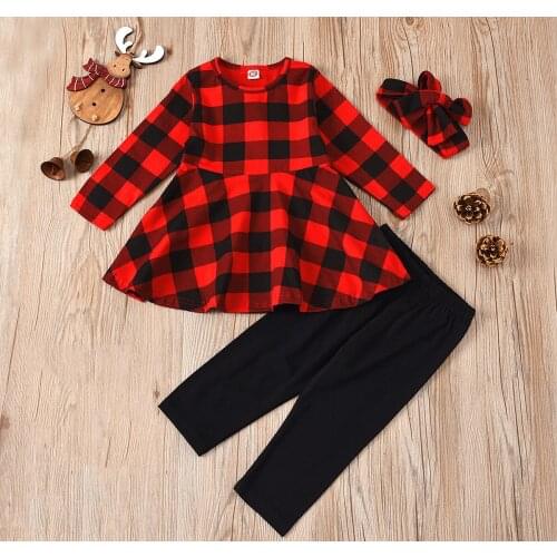 Girls Autumn New Color Matching Long-Sleeved Plaid Dress + Trousers + Hairband Casual Three-Piece Suit 1-5 Years Old