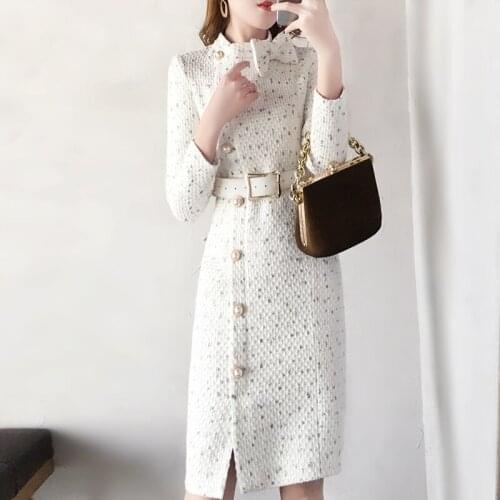 2020 Spring New Woolen Dress Women Fashion Autumn Wool Tweed Dresses Women Elegant Side Split Belted Vestidos Female Robes