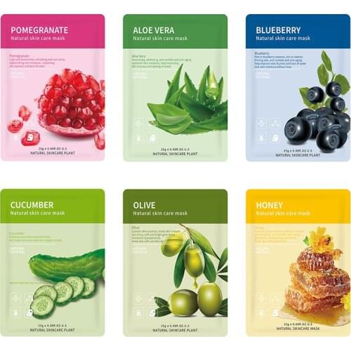 12pcs Naturial Face Mask Skin Care Six Fruit Essence Aloe Pomegranate Blueberry Honey Moisturizing Whitening Oil Control