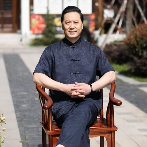 2021 Summer Middle-aged Linen Silk Tang Dress Mens Short-sleeved Satin Shirt Set Large Size Han Taichi Clothing Two-piece Men