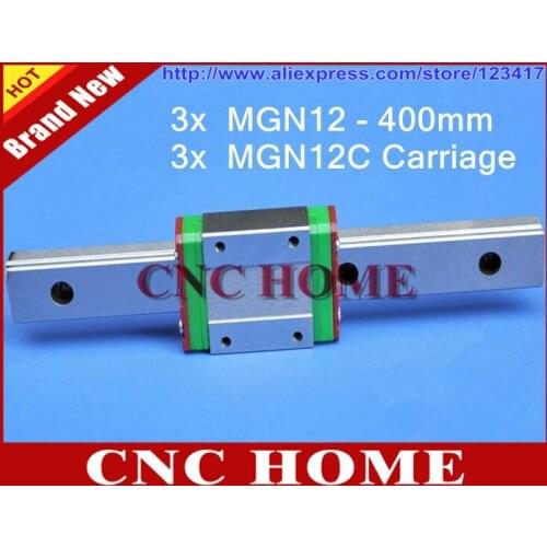 Free Shipping Kossel Mini 3D MGN12 12mm miniature linear slide 3Set= 3pcs 12mm L-400mm rail+3pcs MGN12C carriage for X Y Z Axies