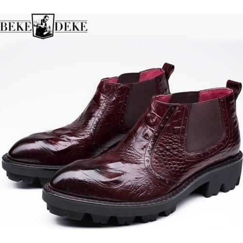 Top Quality Worker Men Office Cow Real Leather Ankle Boots Thick Platform Med Heels Slip On Dress Shoes Increasing Chelsea Boots