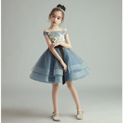 Flower Girl Dresses Illusion Off The Shoulder Boat-Neck Sequined Embroidery Princess Knee-Length Tulle Lace Kids Party Gown H382