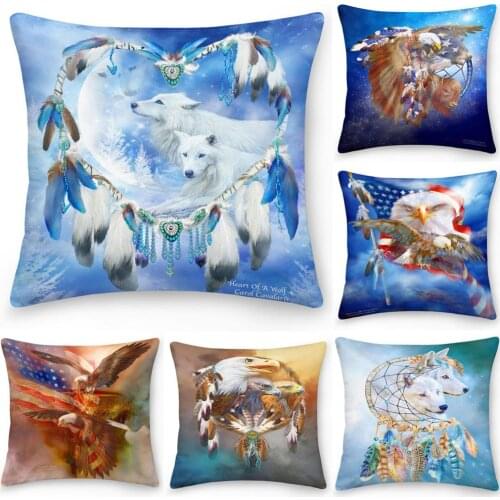 Double Sided DreamCatcher Wolf Eagle Pillowcase Peach Skin Plush Digital Printing Pillow Cover Home Decoration Pillow Case
