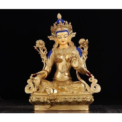 GOOD # Wholesale Buddhist supplies # efficacious Protection #33CM-13 inch Buddhism gilding Bodhisattva Green Tara Buddha statue