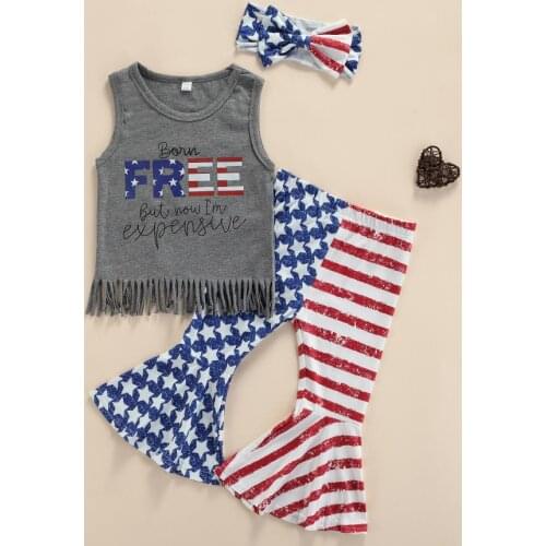 3Pcs Independence Day Baby Clothes Sisters Matching Outfits Tassels Tank Tops Pantie/Flared Pants Hairband for Girls
