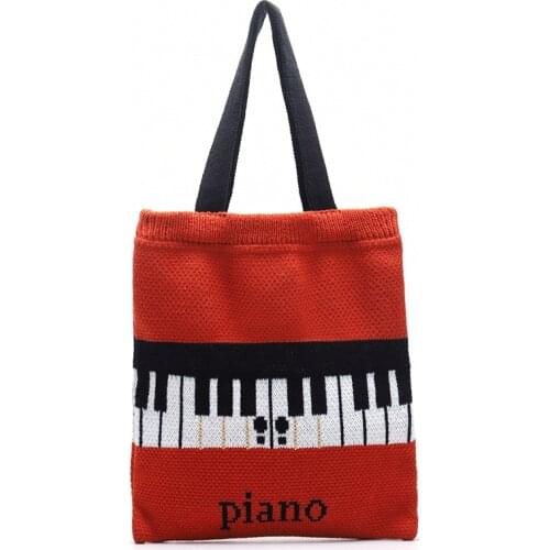 Teenager Korean Fashion Knitting Handbag Female Casual Soft Woolen Crochet Piano Pattern Open Daily Shopping Top-handle Tote Bag