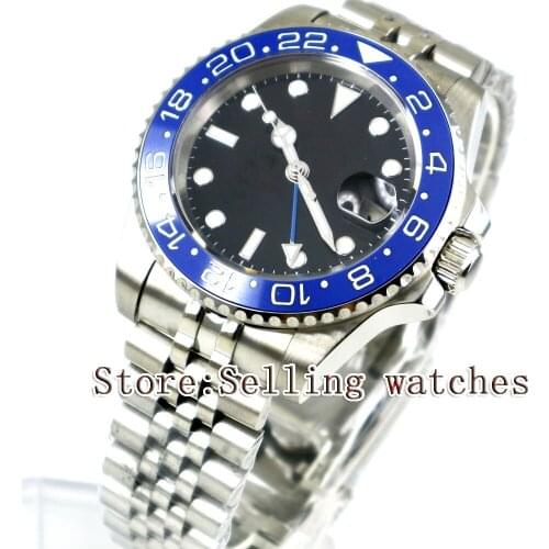 40mm Parnis Black Sterile Dial Blue Ceramic Bezel Jubilee Style Strap Blue GMT date window automatic mens watch