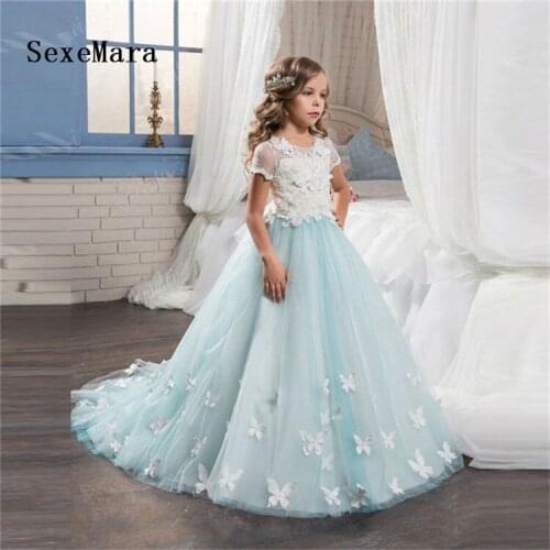 Sky Blue Flower Girl Dresses for Wedding Lace 3D Butterfly O-Neck Girls First Communion Dress Birthday Pageant Gown 1-14Y
