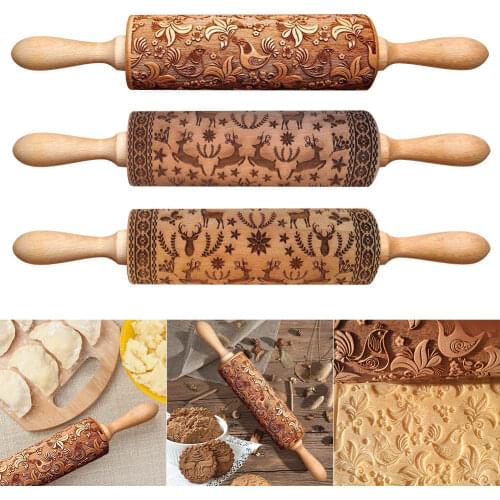 Newly 1 Pcs Wooden Rolling Pin Embossing Baking Christmas Elk Cookies Noodle Biscuit Fondant