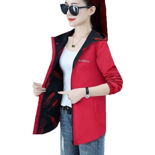 Wear Spring Autumn Womens Jackets On Both Sides Mid-Length Hooded Double-Faced Female Outerwear All-Match Printing Ms Coat