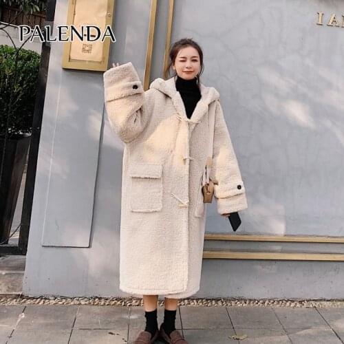 New women fashion coat Lamb hair apricot color straight long hooded horn buckle wool coat coat female with pocket